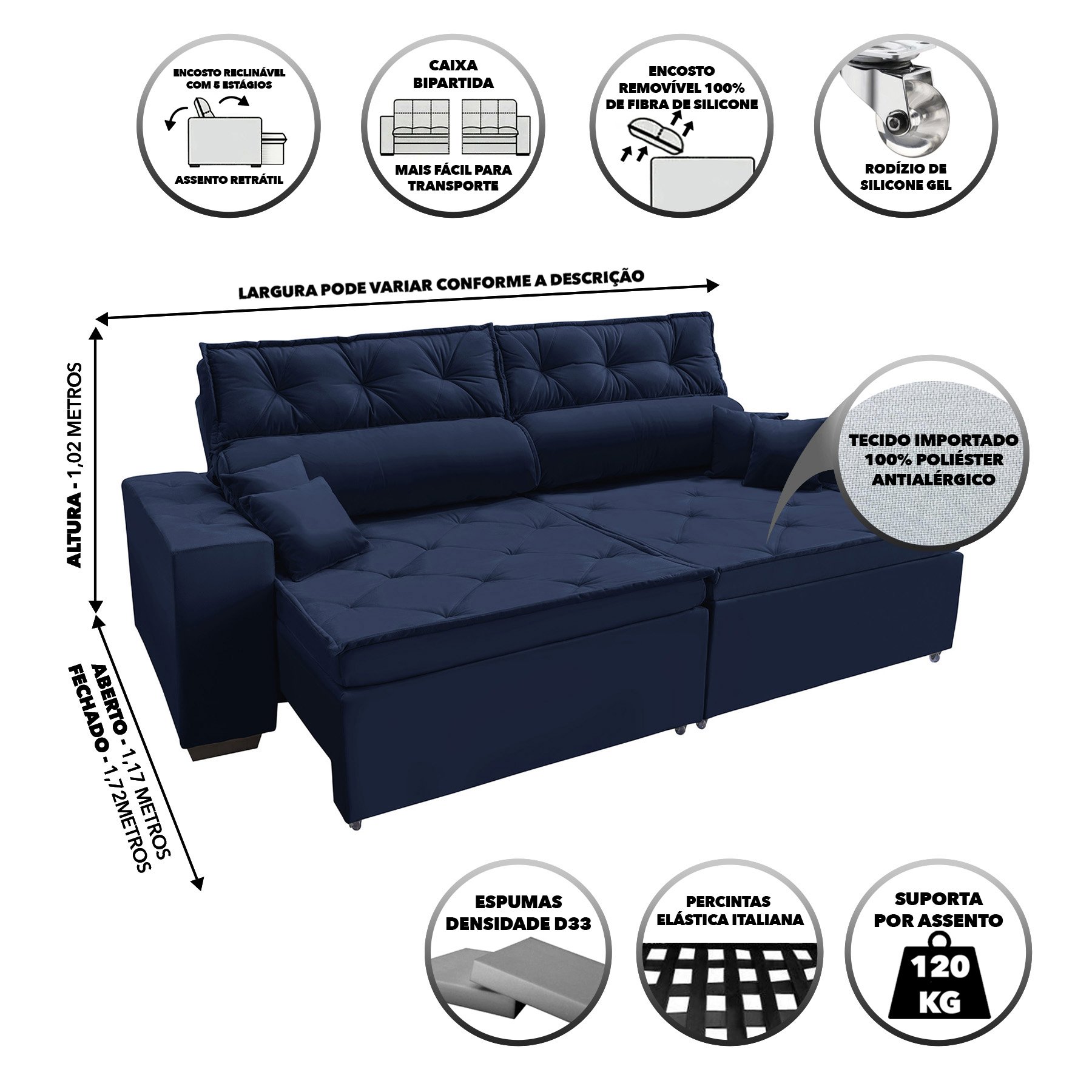 Sofá Austrália 3,02 m Retrátil Reclinável SUEDE Azul MadeiraMadeira