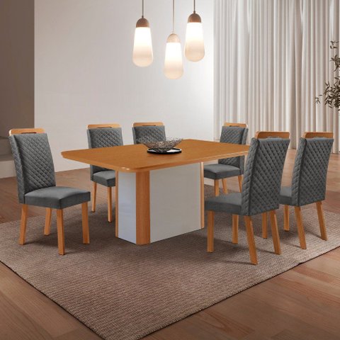 Mesa de Jantar Isadora 180cm Tampo MDF Canto Copo Laminado e 6 Cadeiras Lorena