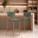 Ver imagem 4 de Kit 2 Banquetas Alta Sala de Jantar Lisa Pés Champanhe PU Verde m² - Monari Design
