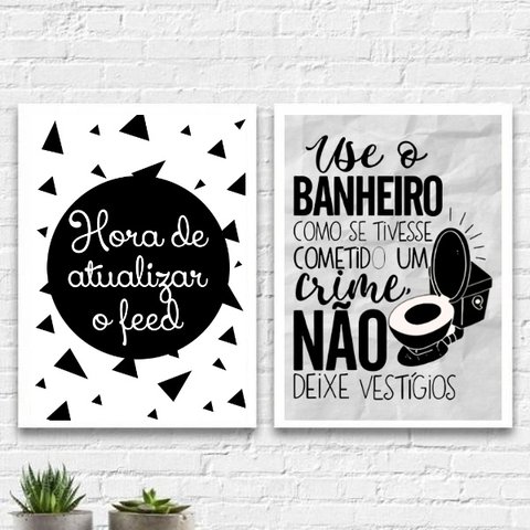 Kit 2 Quadros Divertidos Para Banheiro 24x18cm - com vidro:Madeira preta