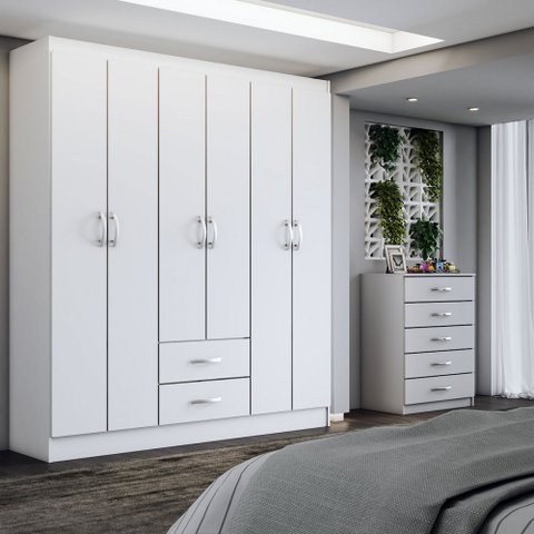 Guarda-roupa Casal Caleb 6 Portas 2 Gavetas com Cômoda 5 Gavetas Branco - Panorama Móveis
