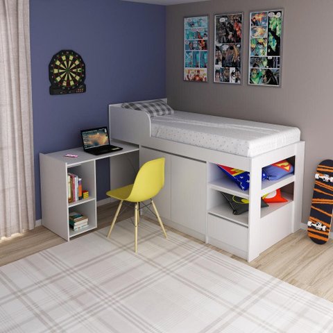 Cama de Solteiro Multifuncional com Escrivaninha e Armário Branco Cm8021 Tecno Mobili