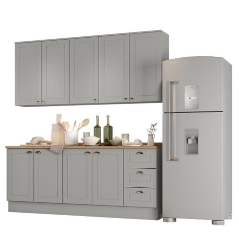 Cozinha Americana 4 Peças com Balcão e Tampo 9 Portas 3 Gavetas MDF Cinza-Nature Móveis Henn