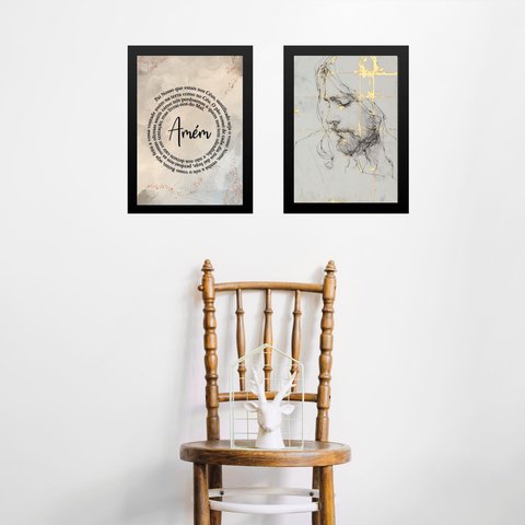 Kit 2 Quadros Oração Pai Nosso - Jesus Mármore 33x24cm:moldura Branca