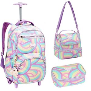 Kit Mochila de Rodinhas + Lancheira + Estojo Arco-íris Just Love Denlex Colorido