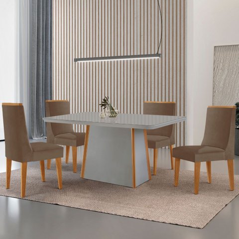Mesa de Jantar Diane 120cm Tampo Mdf Vidro com 4 Cadeiras Lisboa Moderna Mobília
