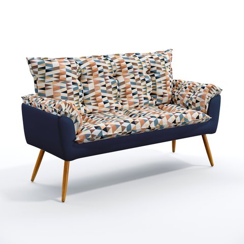 Poltrona Namoradeira Beta / Sued Estampado Bege com Azul Marinho