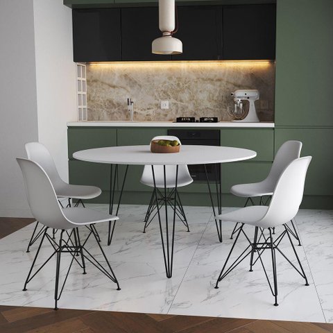 Mesa Jantar Redonda 110cm Branca Clips 3 Pés com 5 Cadeiras Eames Eiffel Brancas Ferro Preto