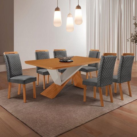 Conjunto de Jantar Yasmin 6 Cadeiras Lorena Tampo MDF Linho Grafite e Off White 180cm Moderna