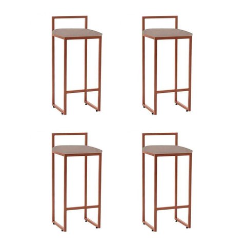 Kit 4 Banquetas Alta Em Aço Cobre Assento Bege Marrom