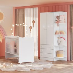 Quarto de Bebê Doce Sonho com Roupeiro 825 e Berço Simples 1 C/ Rodízios Qmovi Branco - 1 Quarto de Bebê Doce Sonho com Roupeiro 825 e Berço Simples 1 C/ Rodízios Qmovi Branco - 1