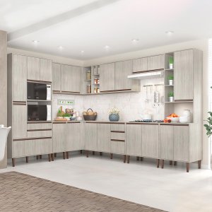 Cozinha de Canto Modulada New 233/311x214 Cm Balcão Tampo Armário Nicho Forno MDP Legno - ClickLar