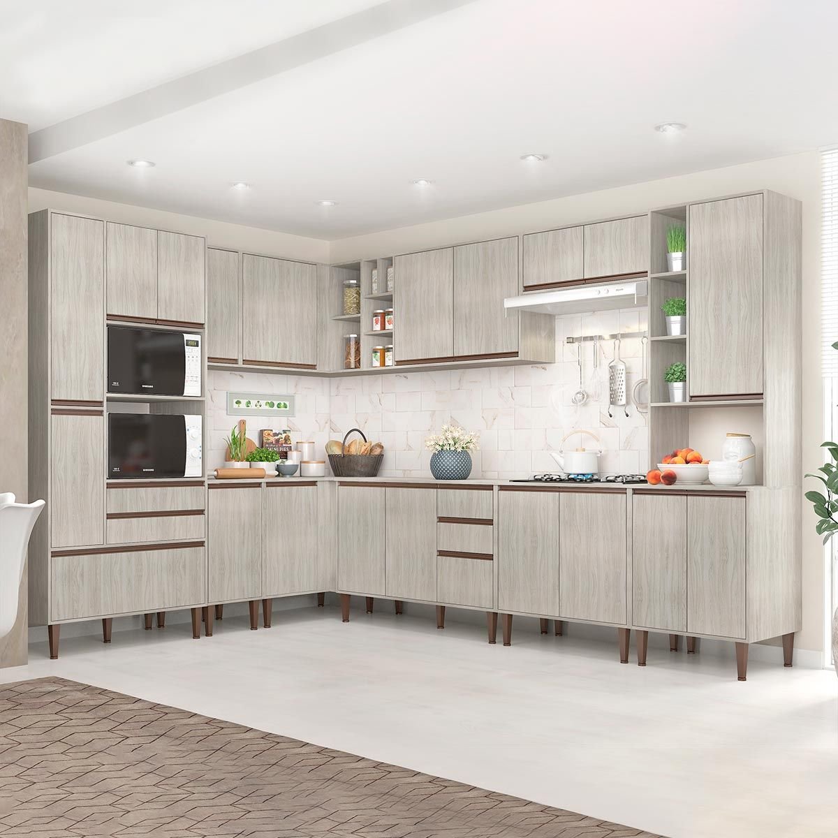 Menor preço em Cozinha de Canto Modulada New 233/311x214 Cm Balcão Tampo Armário Nicho Forno Mdp Legno - Clicklar