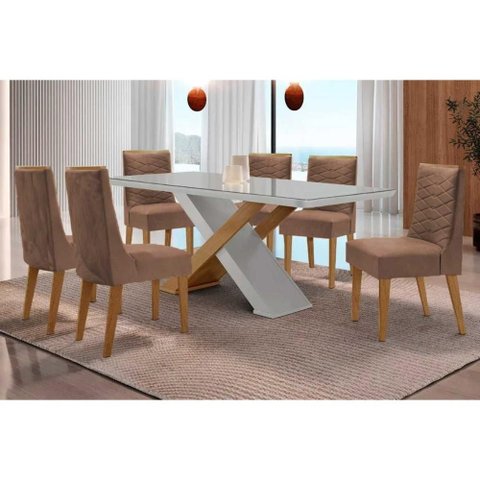 Conjunto: Mesa Sala Jantar Imperatriz Tampo c/ Vidro Curvo 180cm+6 Cadeiras Maldivas Madeira