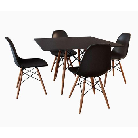 Jogo de Mesa Eames Tampo Quadrado Preto 90cm 4 Cadeiras Pretas