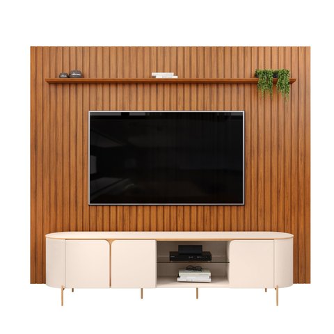 Painel Trento Ripado c/ Bancada Ariana 100%MDF 2.75x2.40 Mts p/ TV Ate 75 pol-Off/Freijo -Dj Moveis
