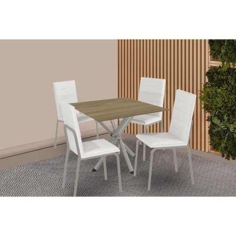 Conjunto: Mesa Sala Jantar Volga C/ Tampo de Madeira 90cm e 4 Cadeiras Amsterdã Niquel - Branco -