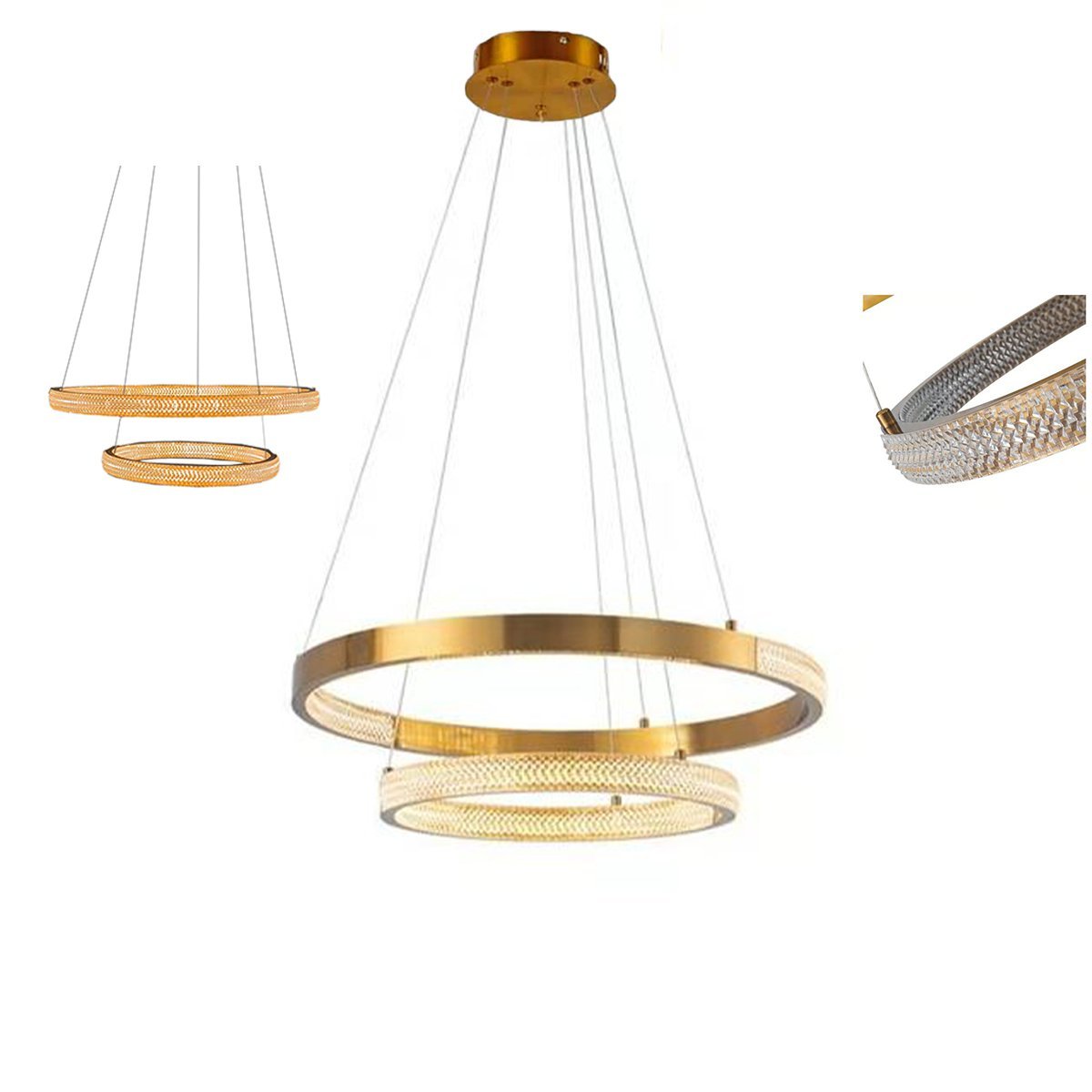 Luminaria Pendente Lustre Arco 2 Aneis Dourado Cristal Led 52W Moderno Sala de Estar Casa Recepçao S