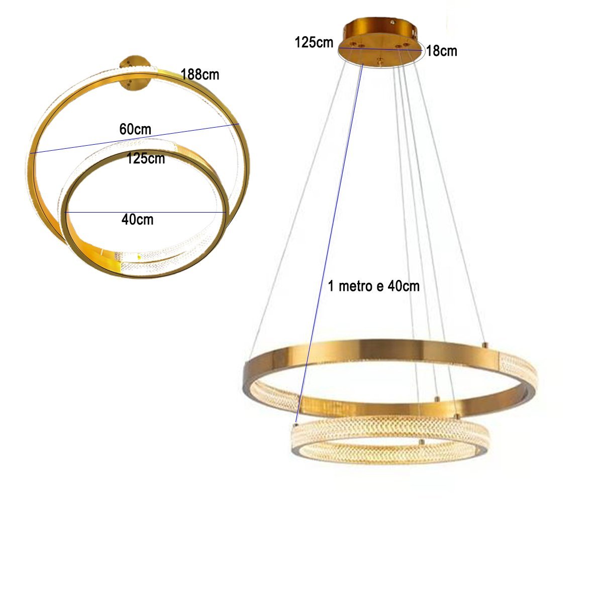 Luminaria Pendente Lustre Arco 2 Aneis Dourado Cristal Led 52W Moderno Sala de Estar Casa Recepçao S - 10