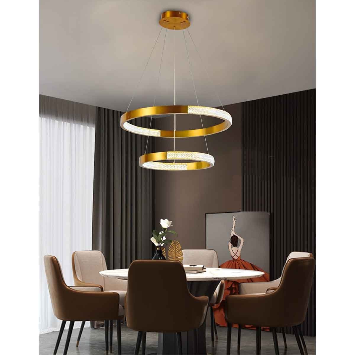 Luminaria Pendente Lustre Arco 2 Aneis Dourado Cristal Led 52W Moderno Sala de Estar Casa Recepçao S - 6