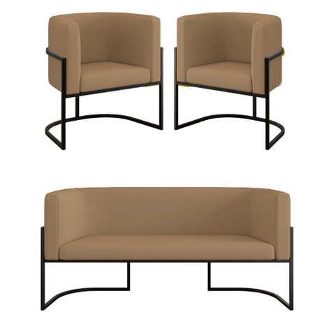 Kit 2 Poltronas Sofá 2 Lugares Base de Metal Black Veludo Capuccino