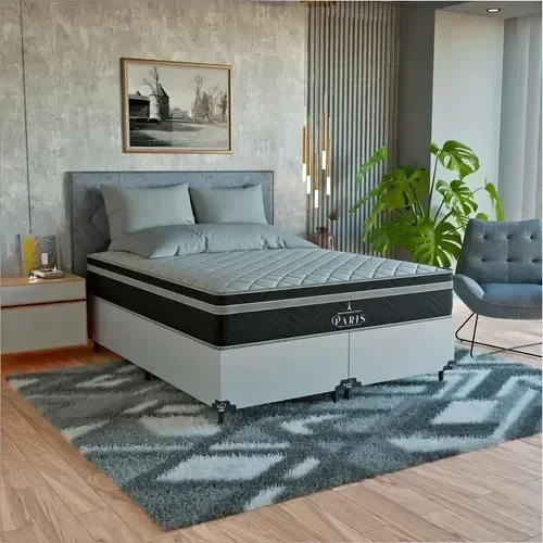 Cama Box Queen Branco + Colchão Paris Molas Ensacadas Preto Couro Branco/preto