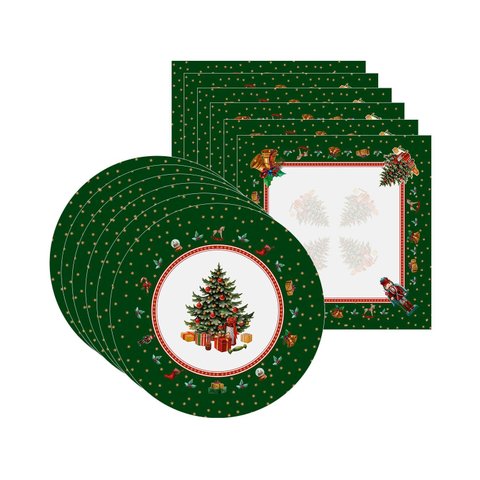Kit Sousplat + Guardanapo Natal Árvore Verde Nsw 6 Peças sem Base