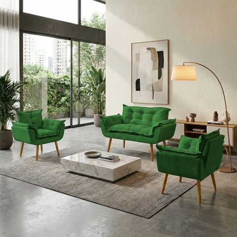 Kit Namoradeira Decorativa e 2 Poltronas Confortável para Sala Recepção Manicure Alice Suede