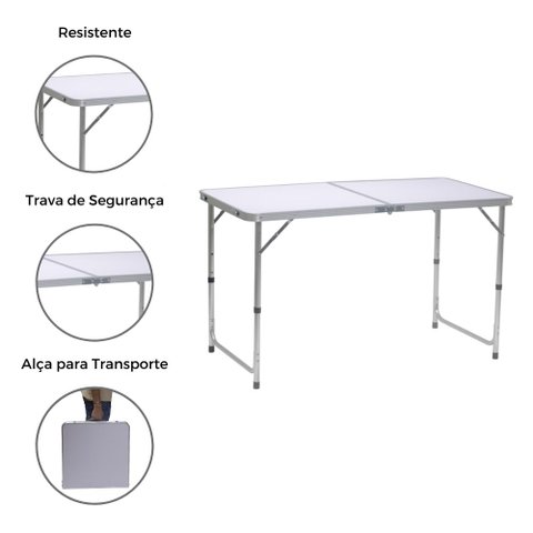 Mesa Dobrável Portátil De Alumínio Com Tampo De Mdf Que Vira Maleta Para Camping 120X60cm Branco