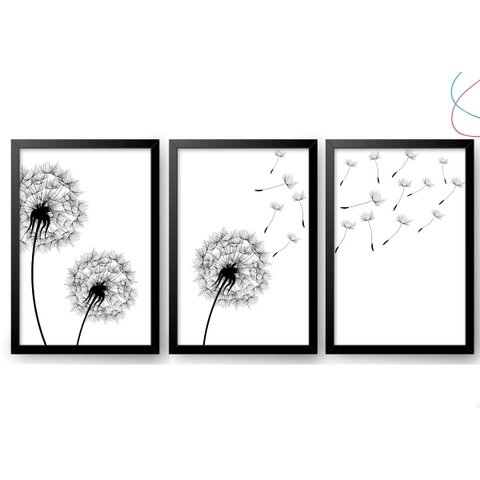 3 Quadros Decoração Dente de Leão Flor Minimalista C Moldura:preta