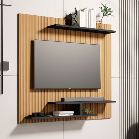 Painel Osiris para Tvs de até 32" com 3 Praleteiras Moderno:ripado/preto