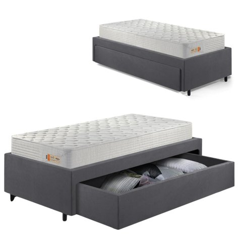 Base Box Cama Solteiro Sapateira Suede Cinza e Colchão Ecoline D33 Ecoflex 88x188