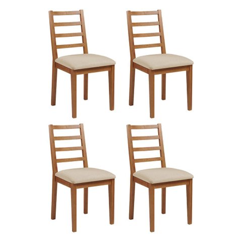 Kit 4 Cadeiras de Jantar em Madeira Maciça Aline Estofado Linho Bege - Mel