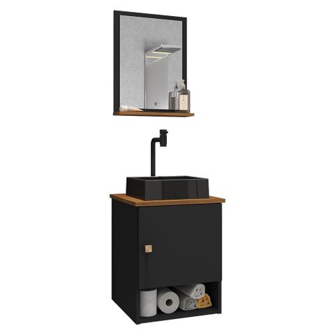 Conjunto de Banheiro com Gabinete 1 Porta, Cuba com Valvula, Torneira e 1 Espelheira Lima