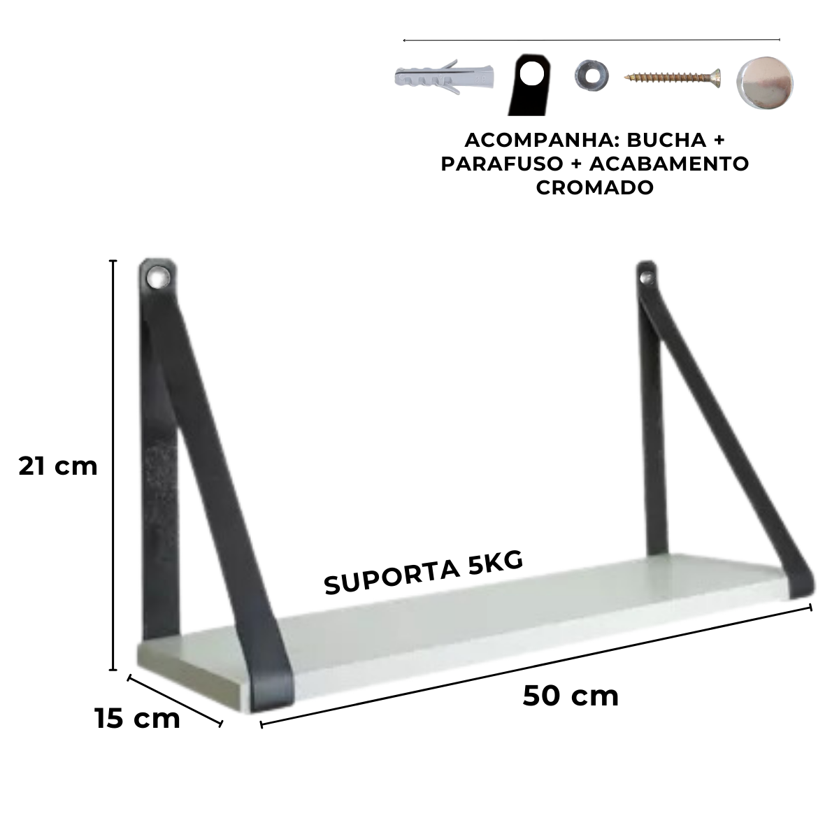 Kit 2 Prateleiras 15x50cm Branca com Alça de Couro Ecológico - 4