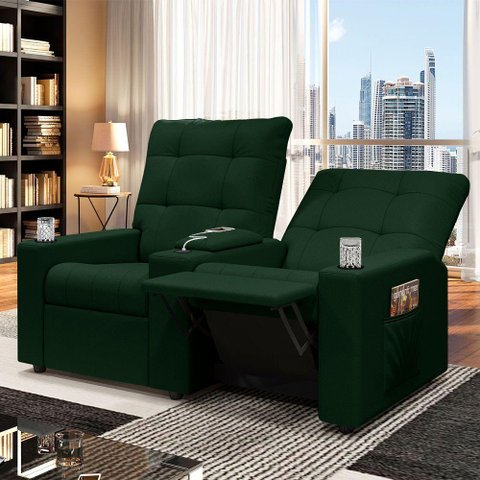 Poltrona do Papai Reclinável Sala de Cinema 2 Lugares Manual Baú Usb Veludo Verde Esmeralda