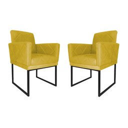 Kit 02 Poltronas Klara Base Ferro Preto Suede - Estopar Kit Klara Base Preta Suede Amarelo - 1