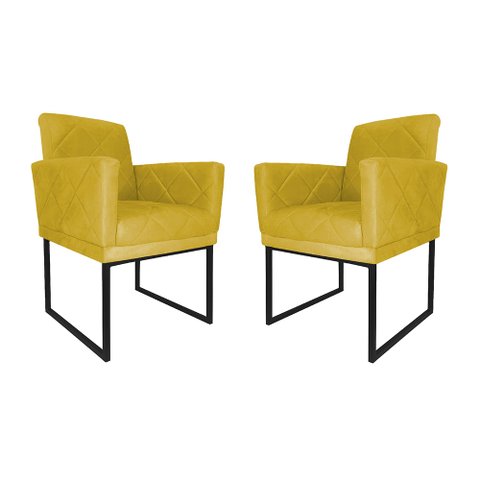 Kit 02 Poltronas Klara Base Ferro Preto Suede - Estopar Kit Klara Base Preta Suede Amarelo