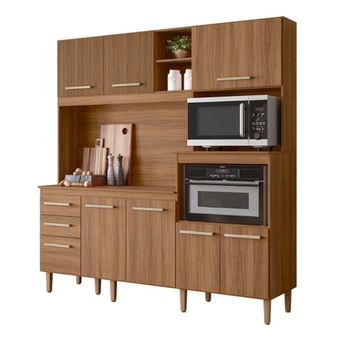Armario de Cozinha Piatã com 7 Portas e 3 Gavetas 190 Cm Ipe/ripado