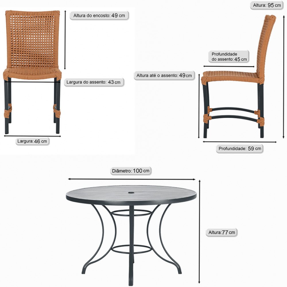 Mesa Ascoli 100 Cm com 4 Cadeiras Cannes de Alumínio, Pintura Preta e Trama Tela de Corda Náutica - 2