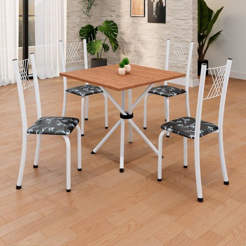 Conjunto de Mesa Tubular 70cm x 70cm Tampo em MDF com 4 Cadeiras Sara Branco/Preto