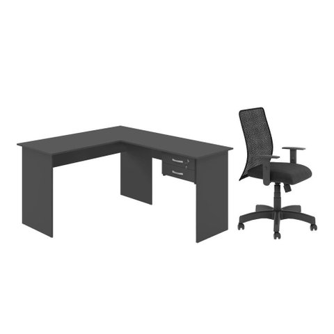 Jogo Mesa L com Gaveteiro e Cadeira Giratória Preto Onix