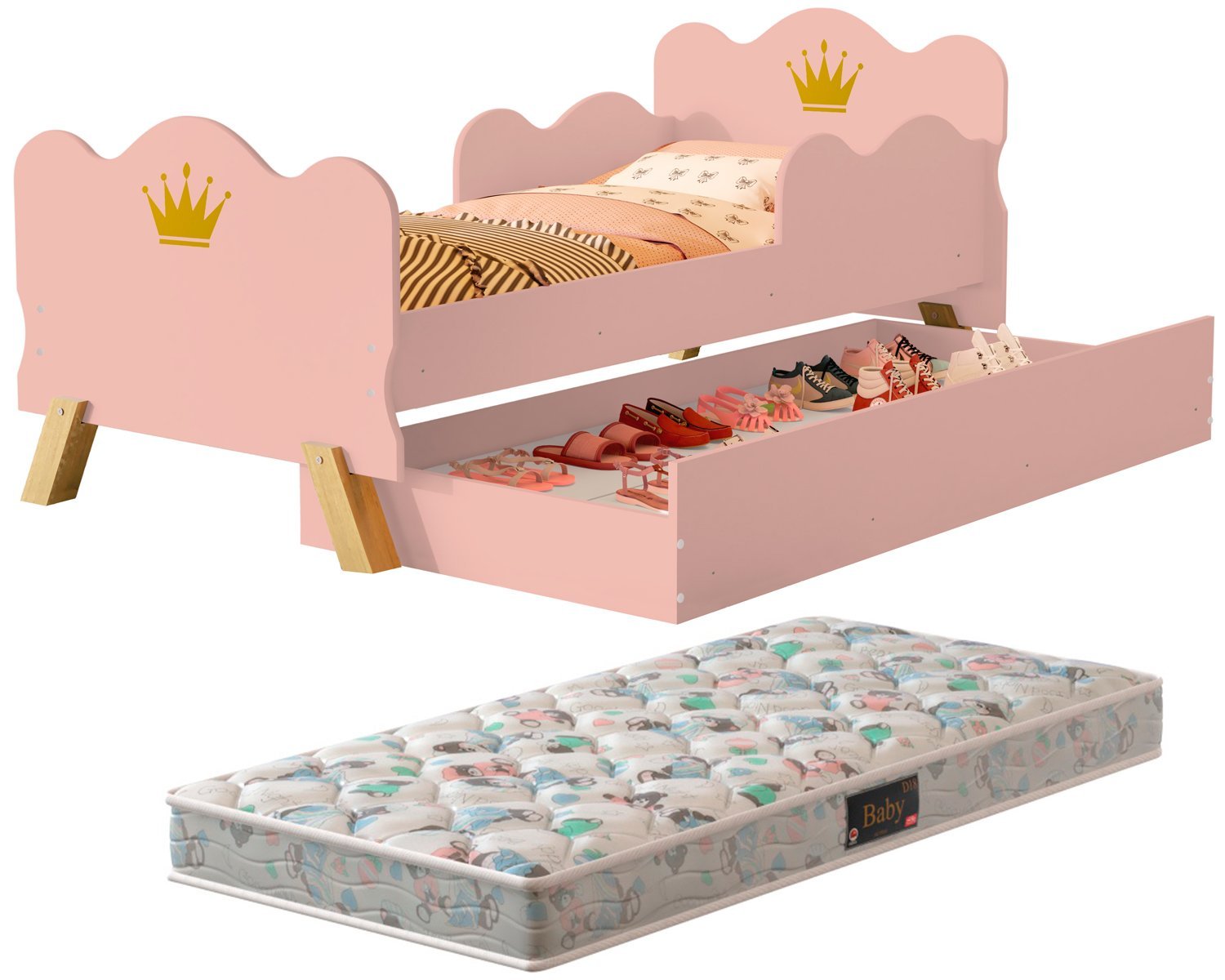 Cama Infantil Princesa Realeza Com Sapateira Rosa e Colchão - 1