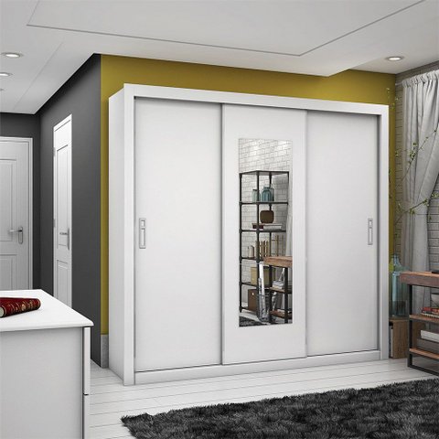 Guarda-roupa Casal Ilhéus 3 Portas de Correr com Espelho 4 Gavetas e 6 Prateleiras Carioca Móveis