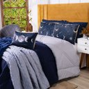 Ver imagem 5 de Kit Edredom Casal Padrão Astros Azul Marinho com Almofada Estampada 06 Peças - Dupla Face Percal 300