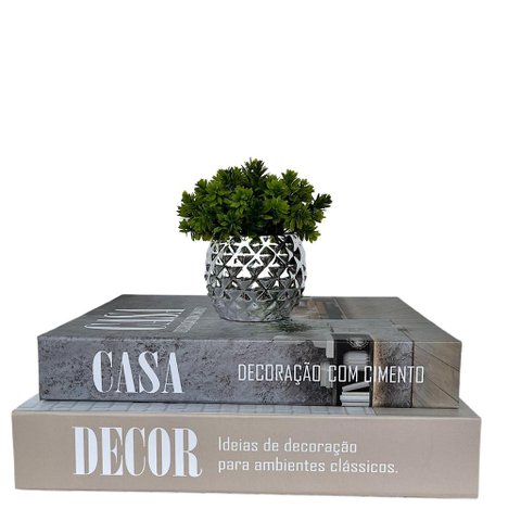 Decoração sala dupla livro fake + vaso cachepô prateado