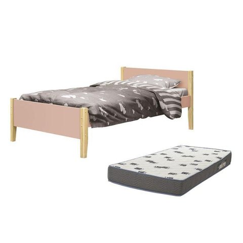 Cama Solteiro Simba Rosa Fosco Pés Madeira Natural com Colchão D33 - Reller Móveis Rosa Fosco