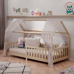Cama Infantil Montessoriana Casa Madeira com Estrado Nina Natural
