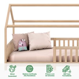Cama Infantil Montessoriana Casa Madeira com Estrado Nina Natural - 3