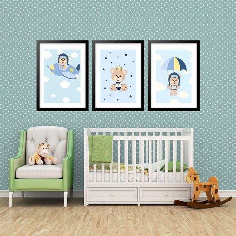 Kit 3 Quadros Grandes Quarto Infantil Ursinho Piloto 60x48cm:moldura Branca
